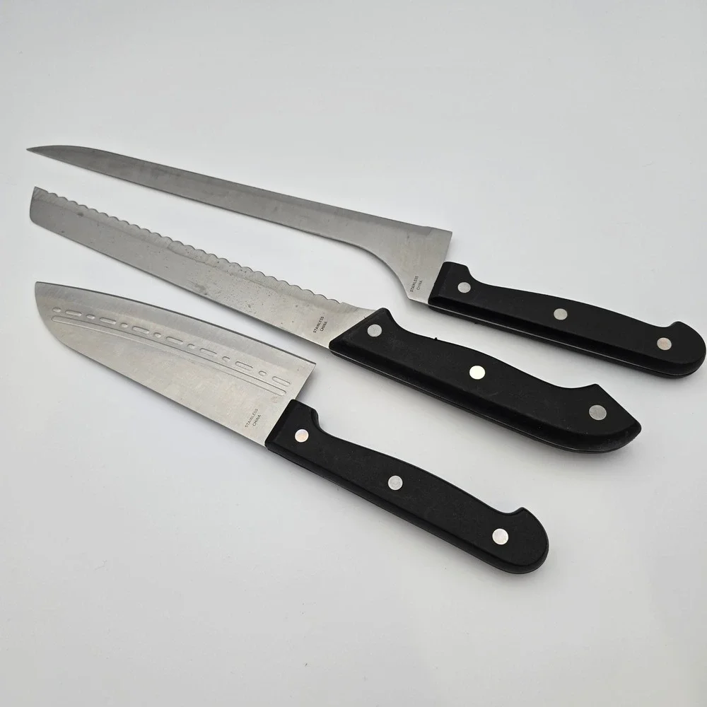 Ronco Six Star Plus Knife Set Large Fillet Bread Cheese Stainless Black Handle